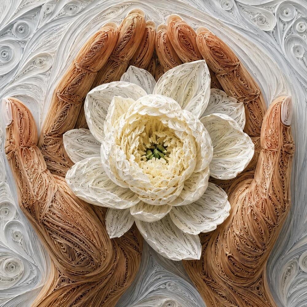8x8 Black Framed Quilled Lotus Hands Art Print